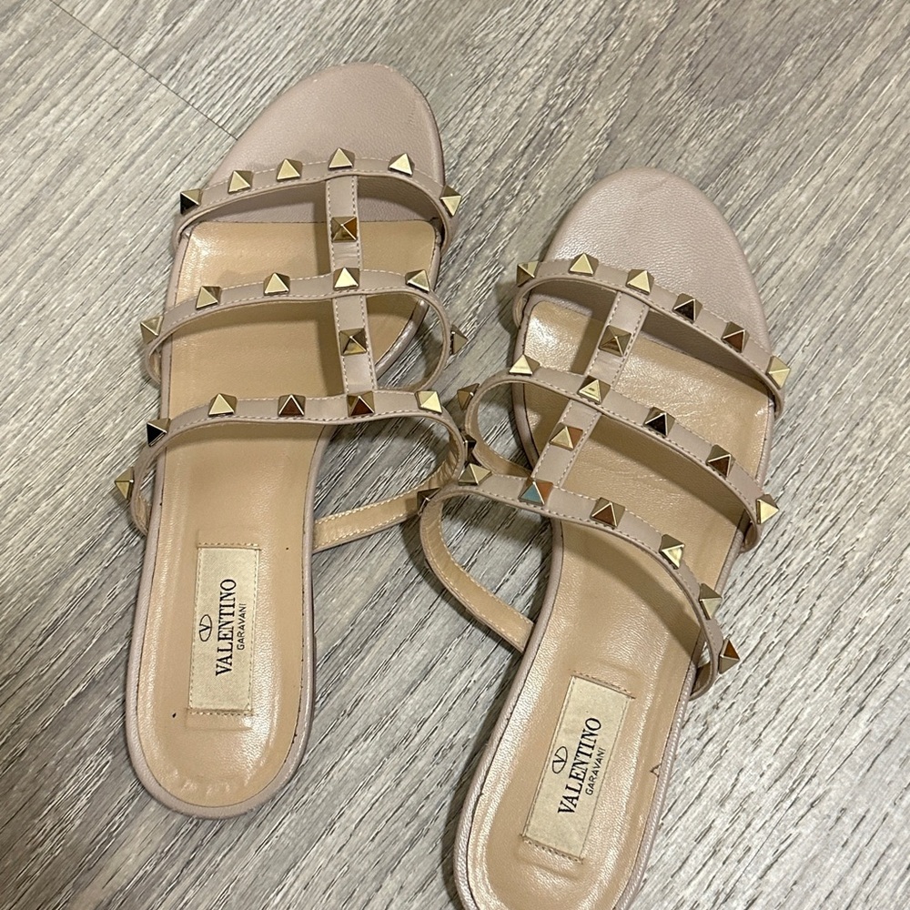 Valentino Beige Rockstud Triple-Strap Slide Sandals